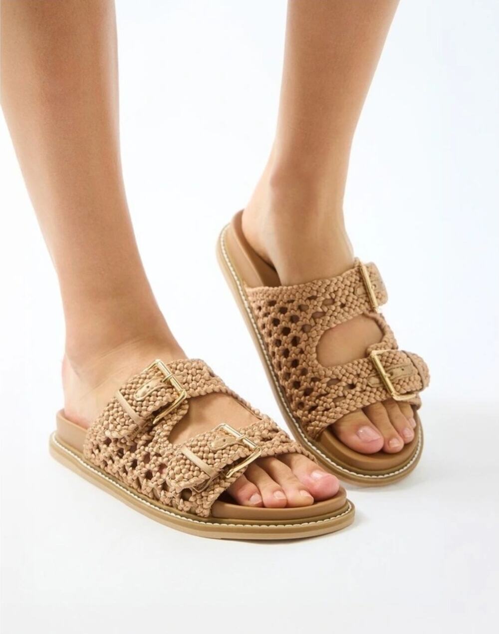 Joie Womens Sandals 7.5 Weaver Braided Camel Brown Slide Buckle Double Strap